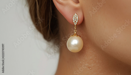 Elegant golden pearl drop earring with diamond accents worn by a