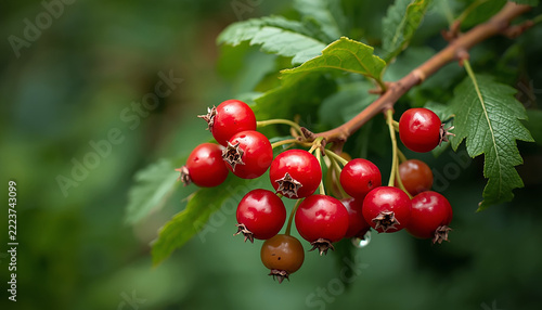 Fresh red hawthorn berries on a green leafy branch for healthy food