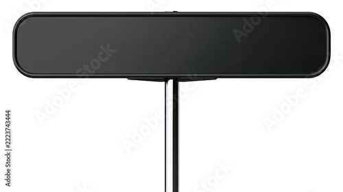 Isolated empty black rectangle display board with rounded corners on a shiny metal stand
