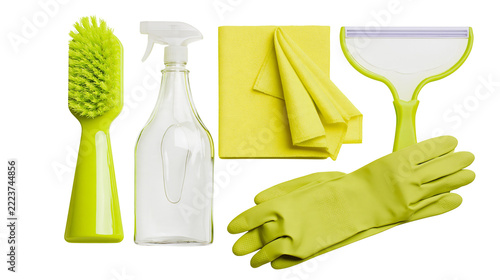 Isolated collection of various vibrant lime green and yellow household cleaning tools and supplies.