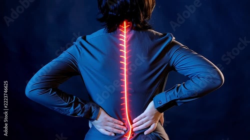 Human holding painful lower back with glowing red spinal cord line animation showing inflammation