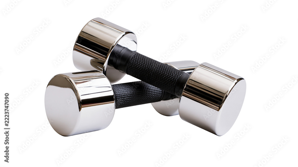 Naklejka premium Isolated two shiny chrome dumbbells for fitness and bodybuilding, gym workout equipment