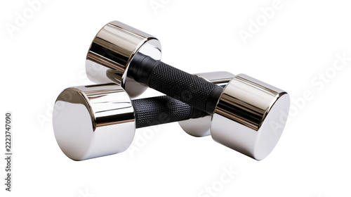 Isolated two shiny chrome dumbbells for fitness and bodybuilding, gym workout equipment