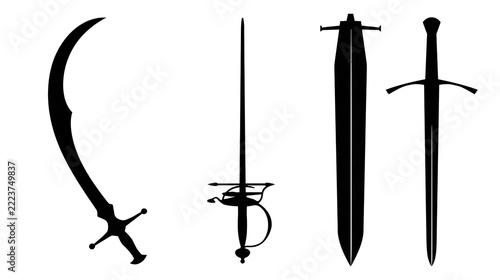 Fotografie Isolated collection of historical sword silhouettes, including scimitar, rapier,