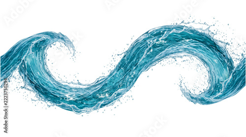 Curving blue water wave splashing with foam and droplets isolated on transparent background for dynamic graphic design and liquid effect compositions.