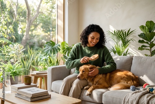 Woman brushing her golden retriever dog on sofa in sunny room