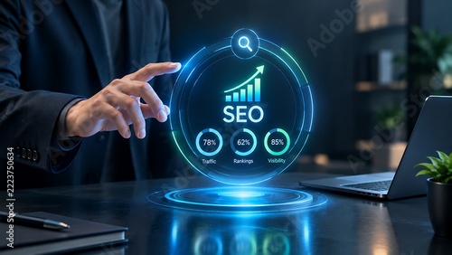 Business professional interacting with a digital holographic interface displaying search engine optimization metrics and growth analytics in a modern office