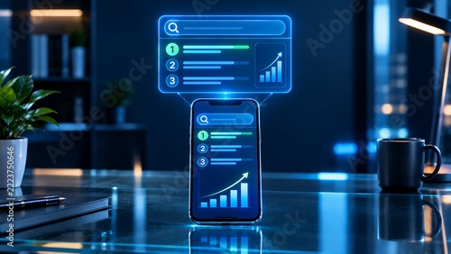 A smartphone displaying financial growth charts and digital data analytics on a desk in a modern dark office environment