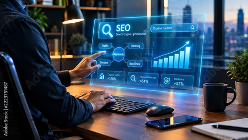 Professional digital marketer working on a futuristic holographic interface to optimize search engine ranking and website traffic performance