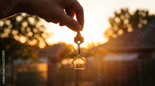 Real estate agent holding a house key with a home keychain at sunset.