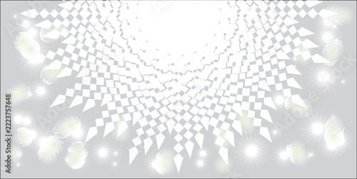 Abstract background with white geometric shapes and glowing light bursts on a soft grey gradient