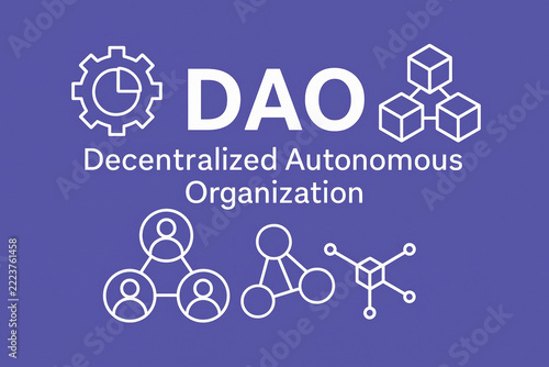Dao graphic explains decentralized autonomous organization with network symbols
