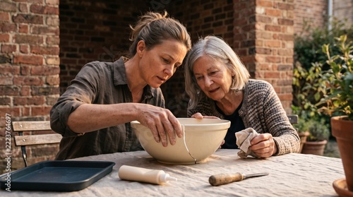 Woman repairs a ceramic bowl with a courtyard neighbor