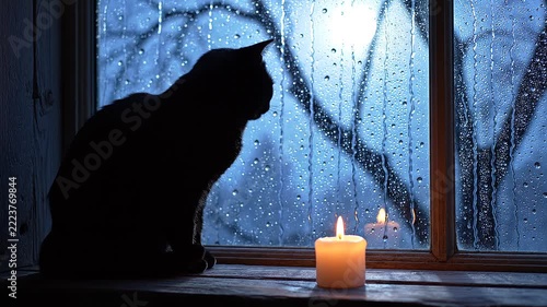 Mysterious Black Cat Watching the Rainy Night Through a Window