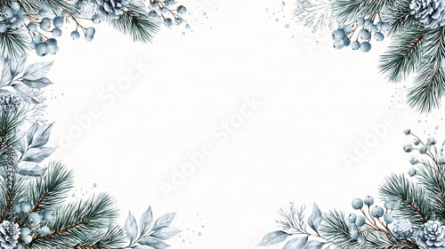 Delicate winter watercolor frame with snow-covered pine branches and pale blue berries for seasonal stationery Generative AI