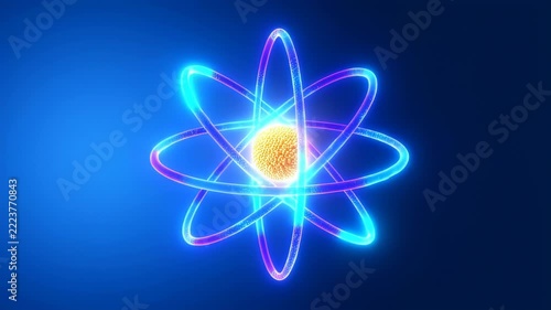 Scientific 3d animation of glowing blue electrons orbiting a bright