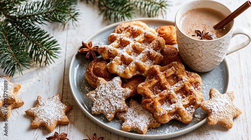 Festive Christmas market dessert flat lay with cinnamon pastries and hot cocoa on wooden tabletop Generative AI