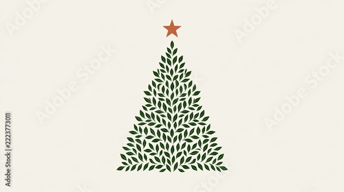 Minimal Scandinavian Christmas tree with botanical leaves and terracotta star on a warm white background Generative AI