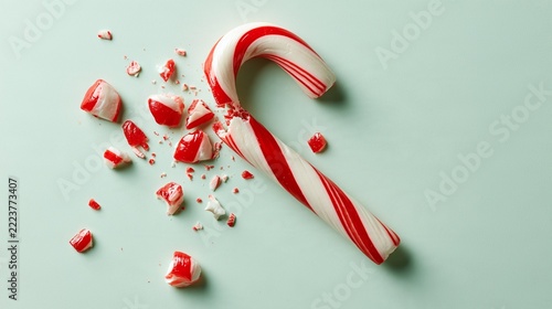 Broken peppermint candy cane with red and white fragments scattered on pale mint studio surface Generative AI