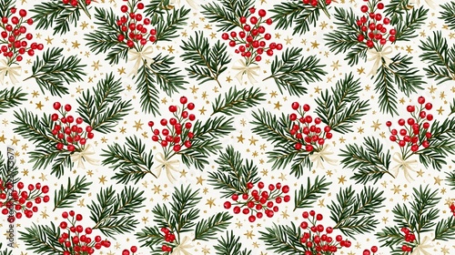 Seamless Christmas surface pattern with evergreen branches, red berries, golden stars, and cream ribbons on a warm white background Generative AI