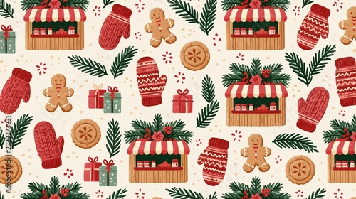 Seamless pattern of wooden market stalls and festive items in cream, red, and green colors for holiday packaging Generative AI