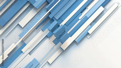 Abstract Geometric Lines: A minimalist composition of overlapping blue and white rectangular bars creates a dynamic, abstract pattern with a sense of depth and movement.