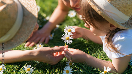 Faceless mother and daughter pretending to lie on a meadow, talking about chamomile flowers, with copy space