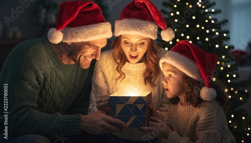 Happy Family Opening Glowing Magic Christmas Present Box near Christmas Tree Concept