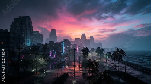 Vibrant Sunset Over a Coastal City Skyline with Palm Trees and Ocean View.