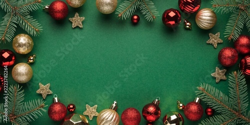 Christmas Frame with Red and Gold Baubles, Pine Branches, and Glitter Stars Flat Lay Concept