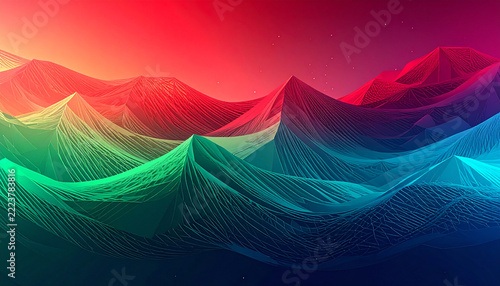 Vibrant Abstract Mountain Landscape With Colorful Digital Waves And Glowing Gradient Sky