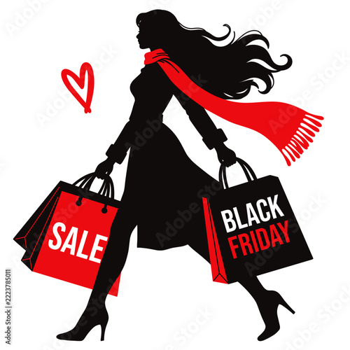 Black Friday Fashion Shopping Woman Silhouette with Sale Bags