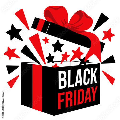 Black Friday Open Gift Box with Red Ribbon and Decorative Stars