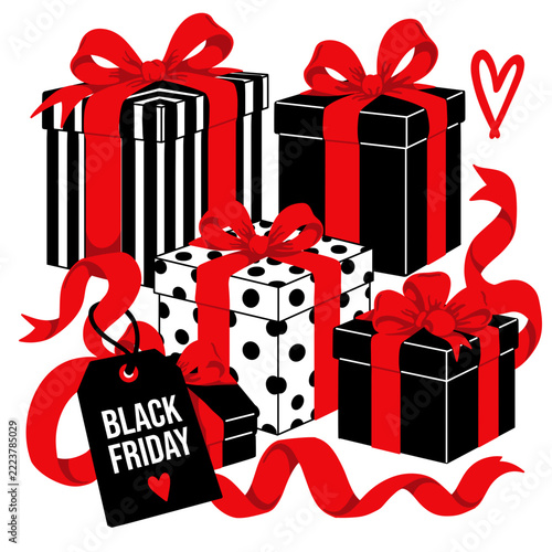 Black Friday Gift Boxes Collection with Red Ribbons and Bows