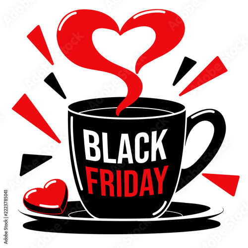 Black Friday Coffee Cup with Heart Shaped Steam Vector Illustration