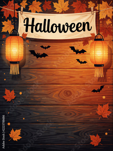 Halloween party banner with autumn decorations vector illustration