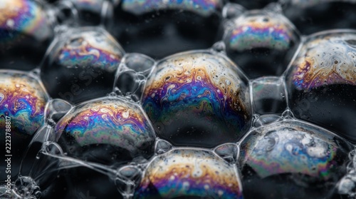 Close-up of Colorful Soap Bubbles on Dark Surface