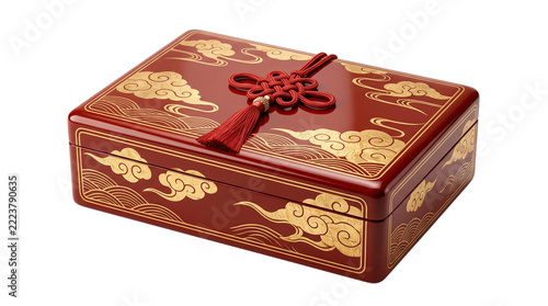 Traditional Chinese red lacquer gift box with gold cloud patterns, ornate wooden jewelry chest, Asian New Year festive storage box isolated PNG with Transparent Background