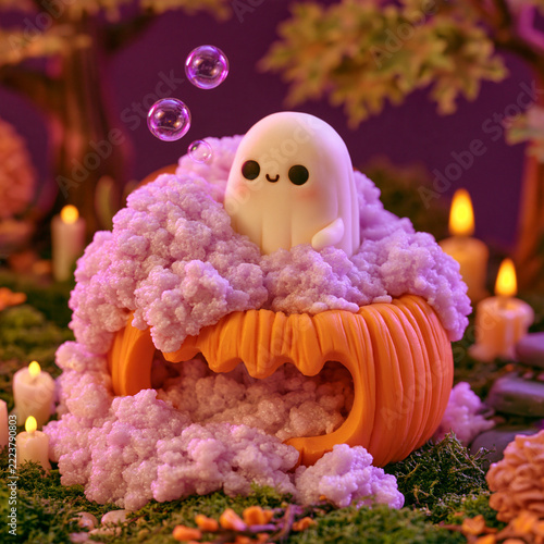 Cute Halloween ghost in a pumpkin bubble bath with glowing candles