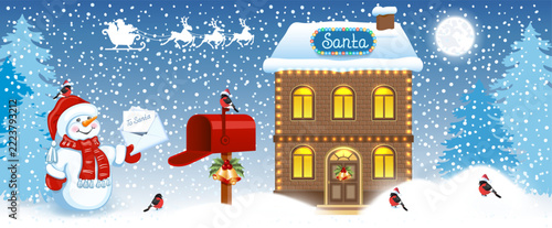 Christmas card with Santa's workshop and funny Snowman with Santa letter wishlist
