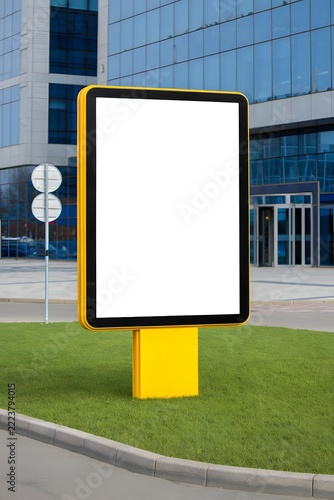 Modern blank digital billboard outside contemporary glass building