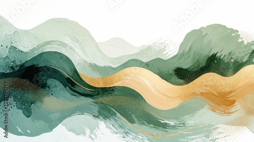 Abstract landscape illustration with flowing organic shapes. Green, gold watercolor waves create wavy pattern. Modern art background features elegant texture for calm aesthetic. Fluid brush strokes