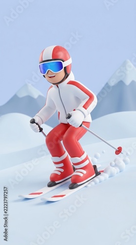 3d character skiing downhill in mountain landscape, concept of winter recreation