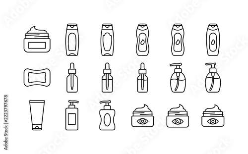 Skincare Beauty Product Set, line icon set featuring cream jar, lotion bottle, shampoo bottle, shower gel, soap bar, serum dropper, pump bottle, cosmetic tube, covering skincare, body care, face care,