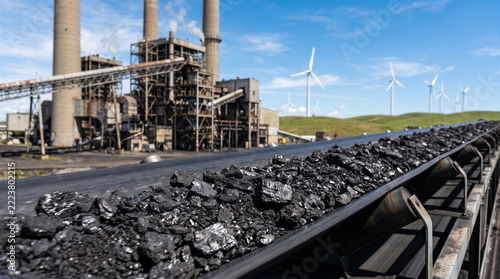Coal conveyor belt moving fuel toward a coalfired power plant with wind turbines in the background under a blue sky