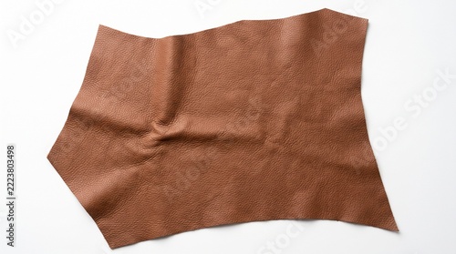 floater leather sample shows a fine grain, warm chestnut color, uneven cut edges, and soft creases, isolated against a white surface