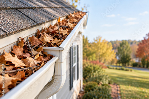 Clogged Rain Gutter Filled with Autumn Leaves on a Residential House