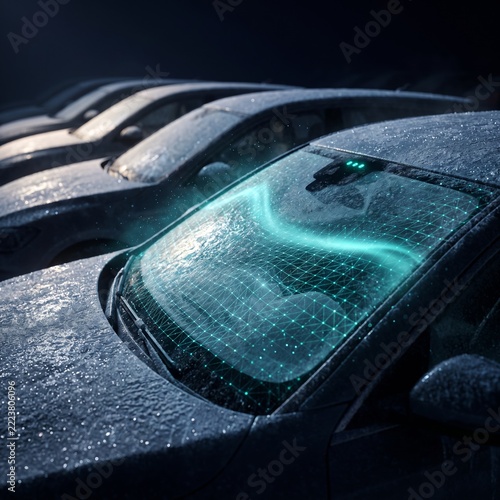Close up of a frost covered car windshield with a glowing digital sensor overlay, illustrating smart automotive technology, ice detection, winter driving safety