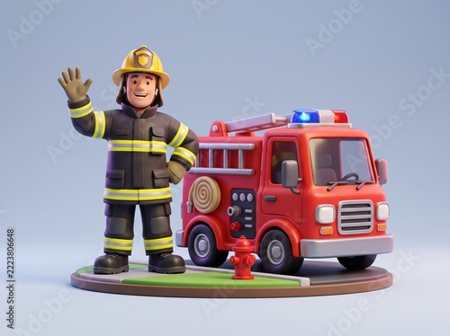 Firefighter icon with firetruck, 3D icon 