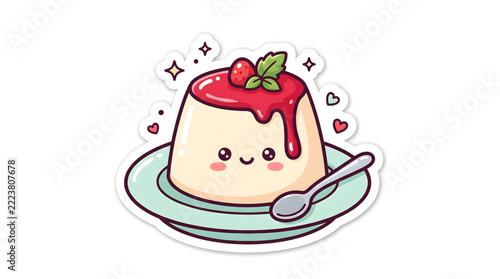 Cute panna cotta dessert sticker illustration with strawberry topping